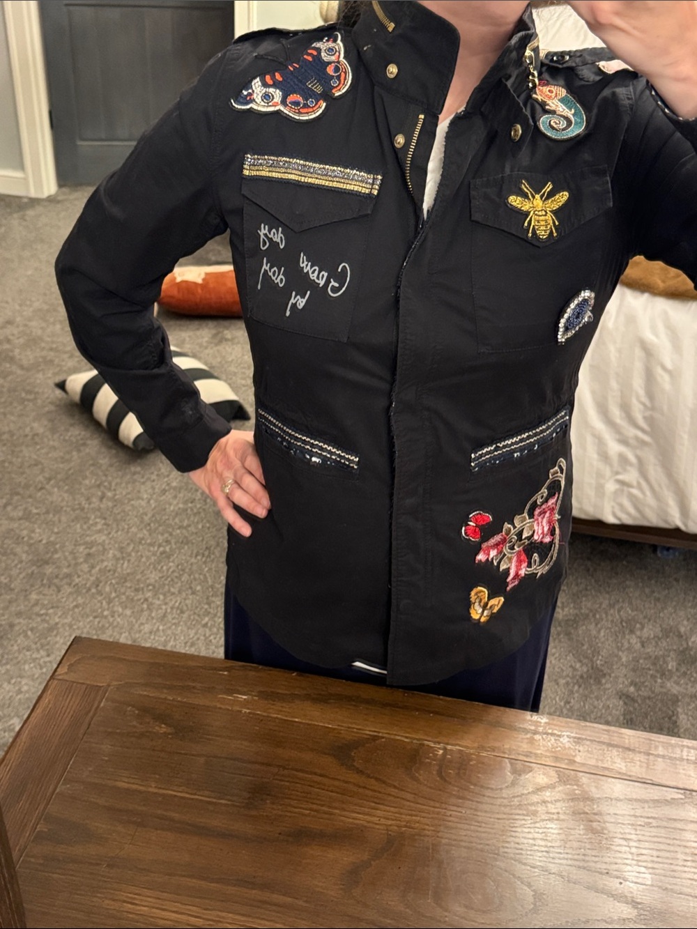 RARE Desigual Black Embroidered Utility Jacket with Colorful Patches
